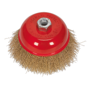 The Sealey Brassed Steel Cup Brush Ø125mm M14 x 2mm - CBC125 features brassed steel filaments and a central hexagonal nut for attachment, making it perfect for enhancing your power tools' cleaning power.