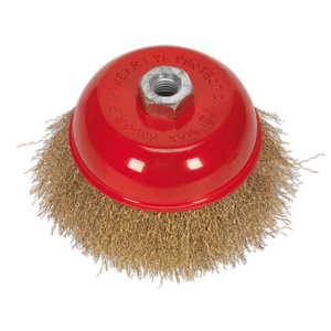 The Sealey Brassed Steel Cup Brush Ø125mm M14 x 2mm - CBC125 features brassed steel filaments and a central hexagonal nut for attachment, making it perfect for enhancing your power tools' cleaning power.