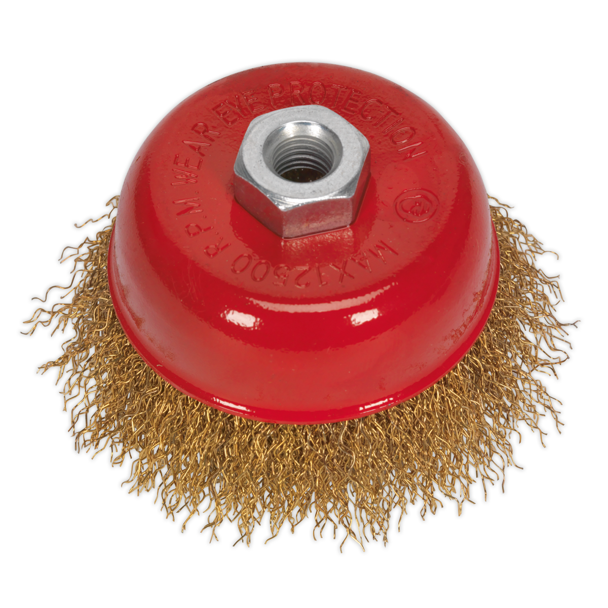 The Sealey Brassed Steel Cup Brush Ø75mm M10 x 1.5mm - CBC75, featuring brassed steel filaments and a central hexagonal nut for attachment, offers superior cleaning power.