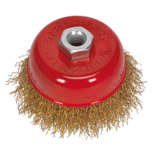 The Sealey Brassed Steel Cup Brush Ø75mm M10 x 1.5mm - CBC75, featuring brassed steel filaments and a central hexagonal nut for attachment, offers superior cleaning power.