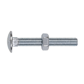 The Sealey Coach Bolt & Nut DIN 603 - M10 x 75mm Zinc (Pack of 50 - CBN1075) is displayed against a white background, highlighting its rounded head and threaded shaft. A hexagonal nut is positioned in the middle, adhering to DIN 603 standards.