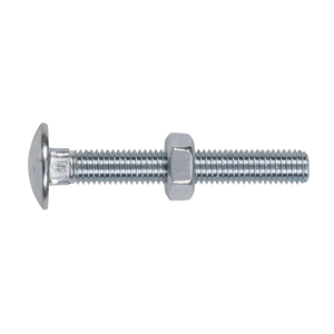 The Sealey Coach Bolt & Nut DIN 603 - M10 x 75mm Zinc (Pack of 50 - CBN1075) is displayed against a white background, highlighting its rounded head and threaded shaft. A hexagonal nut is positioned in the middle, adhering to DIN 603 standards.