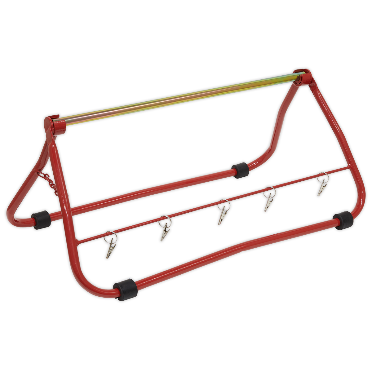 The Sealey Cable Carrier Stand Multi Reel Dispenser - CC01 is a red and black foldable stand with four hooks, ideal for mounting on a vehicle. It includes additional support to efficiently handle wire reels.