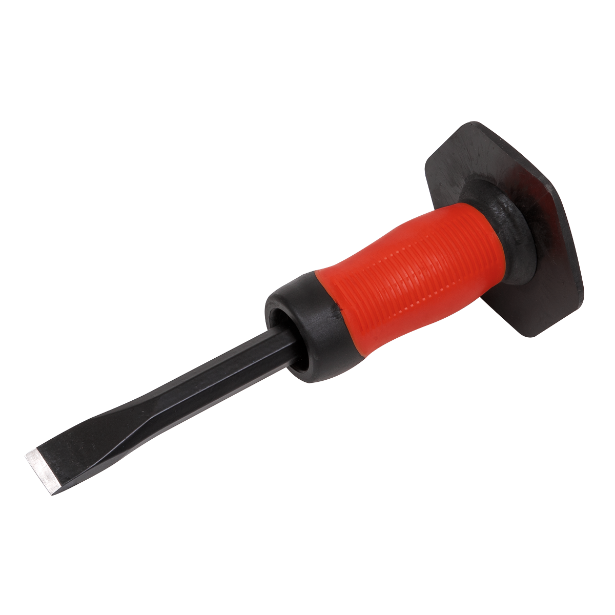 The Sealey Cold Chisel With Grip 19 x 250mm - CC32G features a durable black, drop-forged steel blade and a red ribbed handle with a black protective guard.