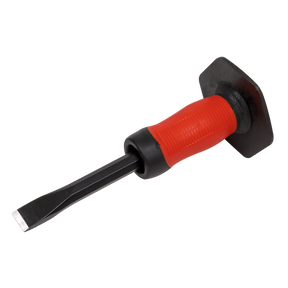 The Sealey Cold Chisel With Grip 19 x 250mm - CC32G features a durable black, drop-forged steel blade and a red ribbed handle with a black protective guard.