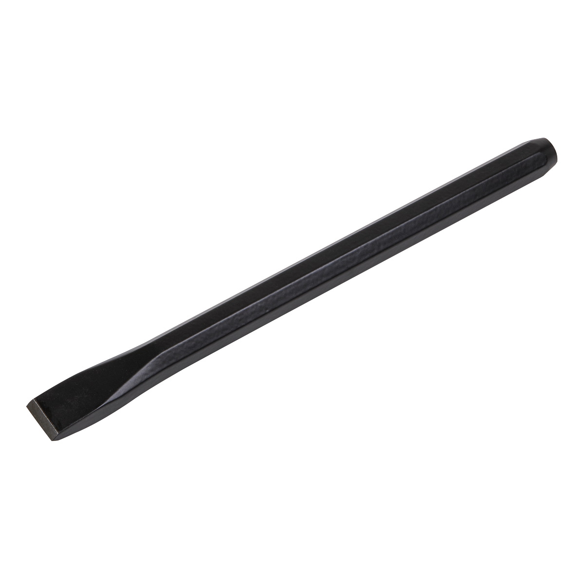 The Sealey Cold Chisel 19 x 250mm - CC32 features a black, octagonal shaft design with a flat, wide cutting edge. Made of high-quality drop-forged steel, it is ideal for cutting or shaping hard materials such as metal or stone.