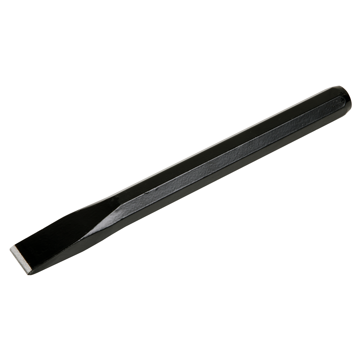 A black, flathead Cold Chisel 25 x 250mm - CC35 by Sealey, featuring a textured grip handle and made from corrosion-resistant drop-forged steel, is shown on a white background.