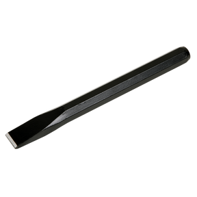 A black, flathead Cold Chisel 25 x 250mm - CC35 by Sealey, featuring a textured grip handle and made from corrosion-resistant drop-forged steel, is shown on a white background.