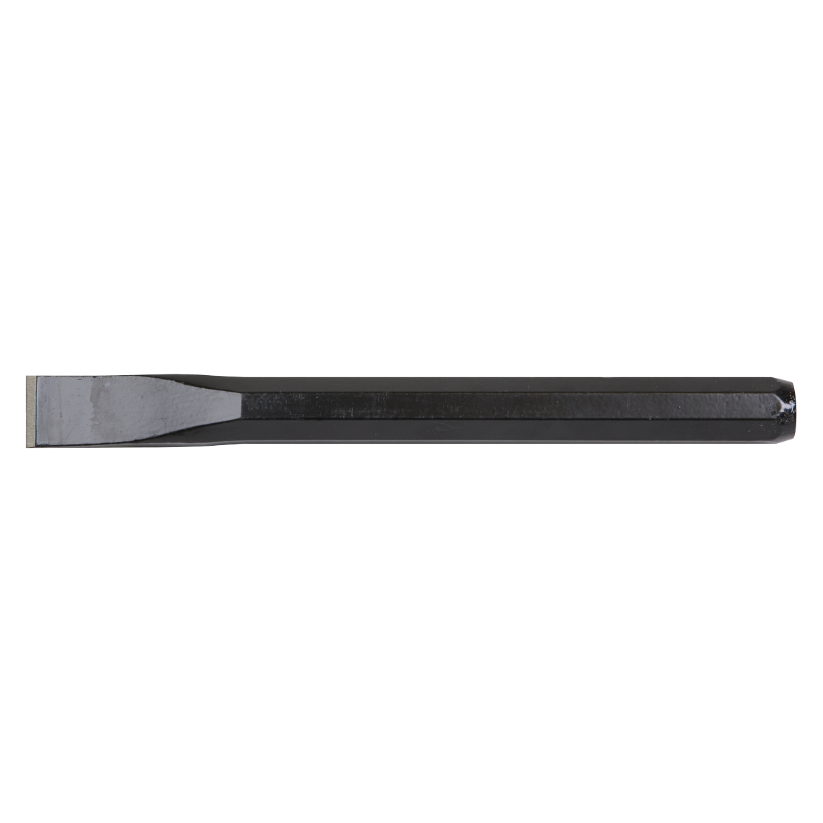 The Sealey Cold Chisel 25 x 250mm - CC35 is a black, flat drop-forged steel chisel with a hexagonal handle and a sharp edge at one end, meeting BS 3066 standards for exceptional durability and corrosion resistance.