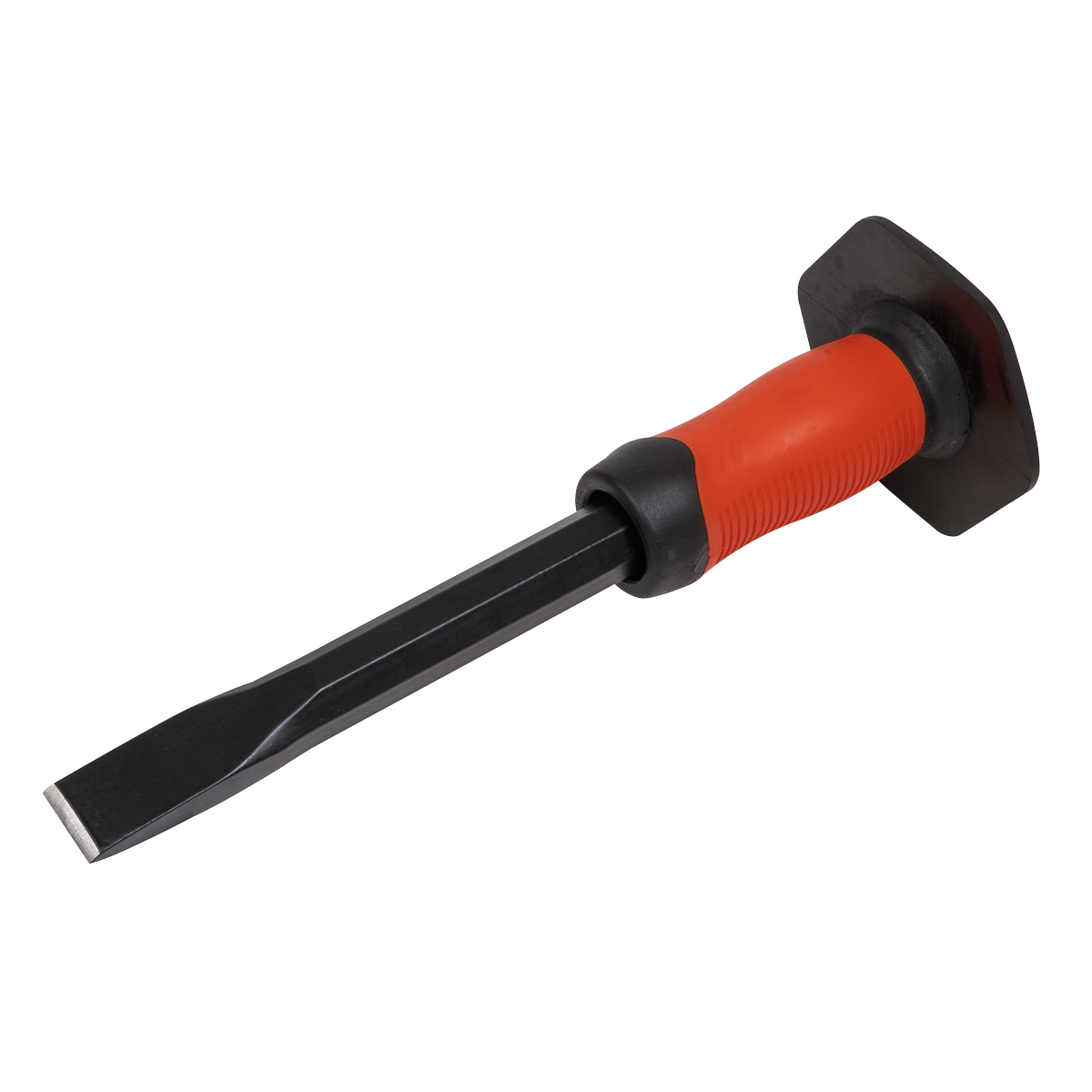 The Sealey Cold Chisel With Grip 25 x 300mm - CC36G boasts a red and black comfort grip handle, a protective hand guard, and is crafted from high-quality drop-forged steel for enhanced durability.