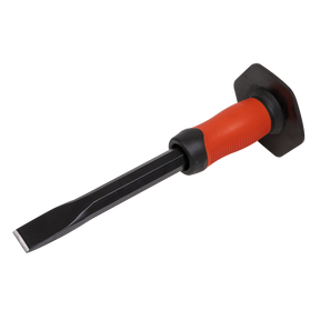 The Sealey Cold Chisel With Grip 25 x 300mm - CC36G boasts a red and black comfort grip handle, a protective hand guard, and is crafted from high-quality drop-forged steel for enhanced durability.