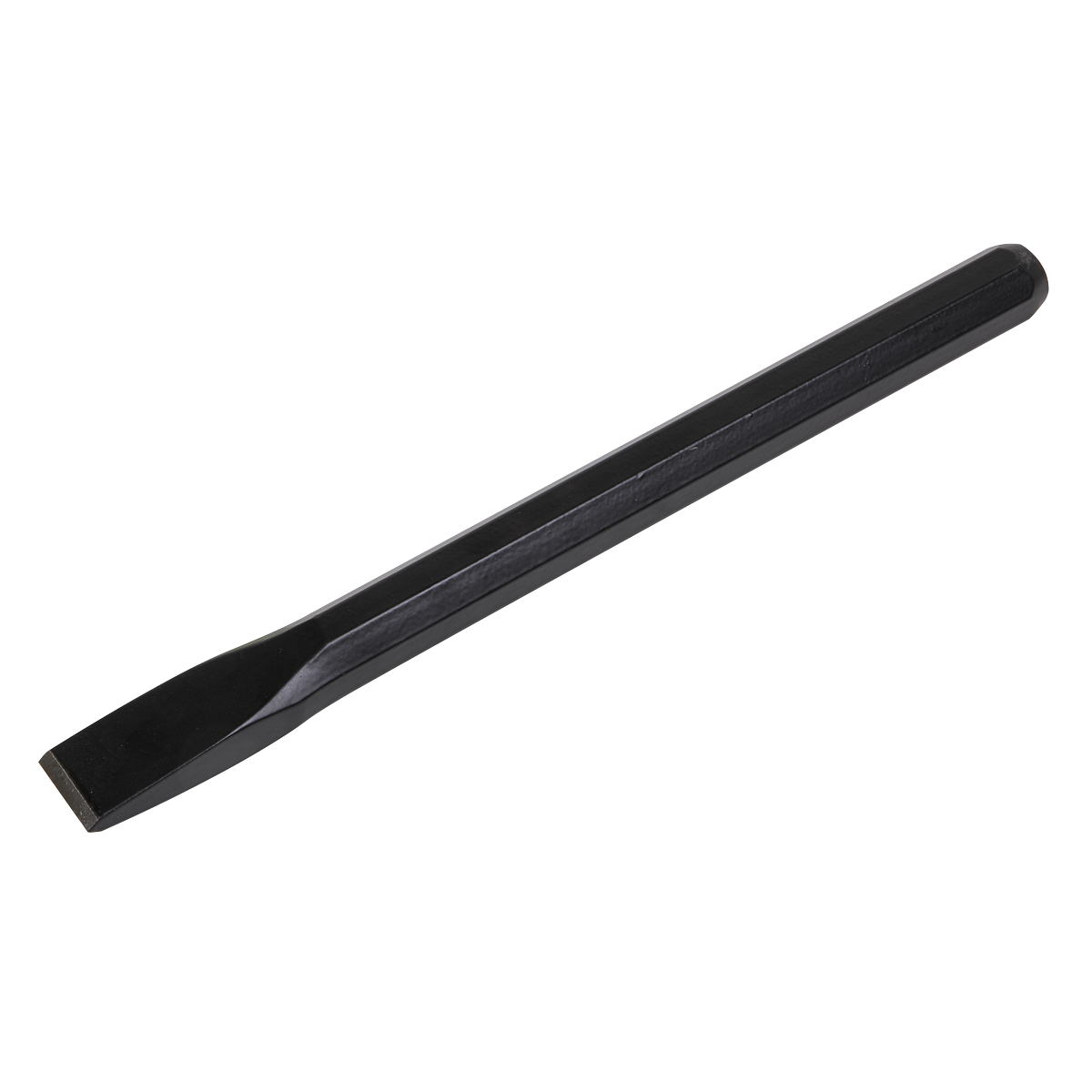 The Sealey Cold Chisel 25 x 300mm - CC36, featuring a black finish, flat beveled edge, and a hexagonal handle crafted from drop-forged steel for superior corrosion resistance, is ideal for cutting or shaping metal.