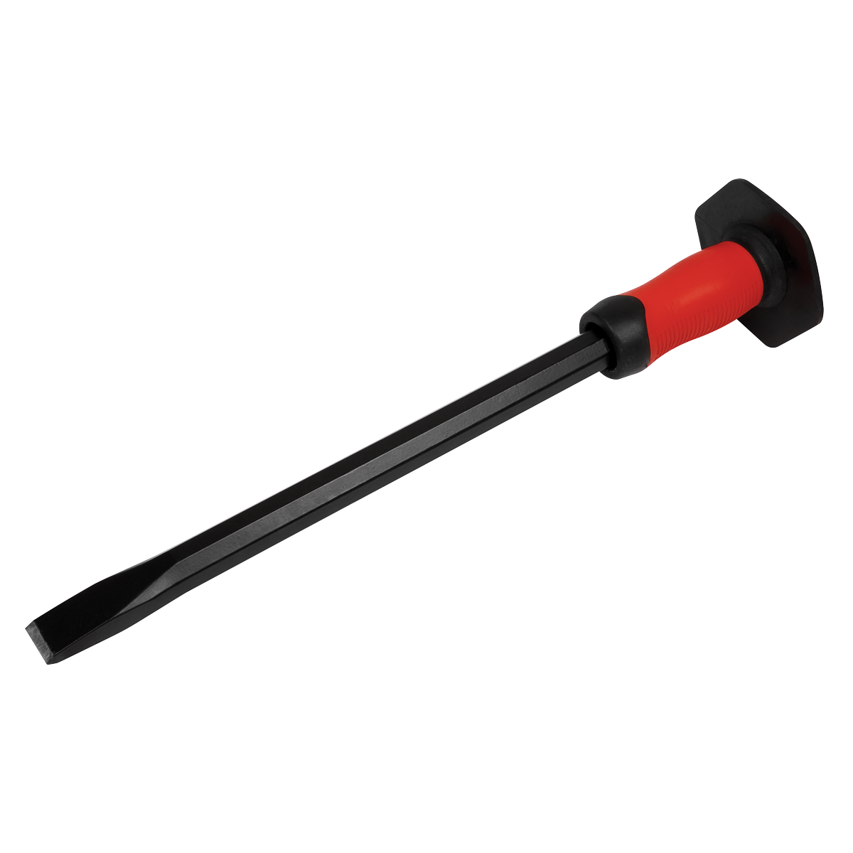 The Sealey Cold Chisel With Grip 25 x 450mm - CC37G is a flat black pry bar featuring a red comfort grip and a flat, chisel-like end, crafted from high-quality drop-forged steel.