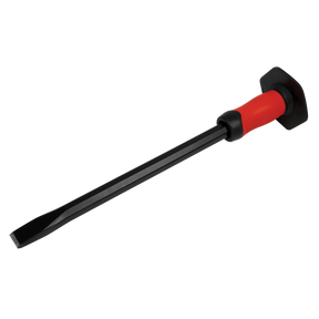 The Sealey Cold Chisel With Grip 25 x 450mm - CC37G is a flat black pry bar featuring a red comfort grip and a flat, chisel-like end, crafted from high-quality drop-forged steel.