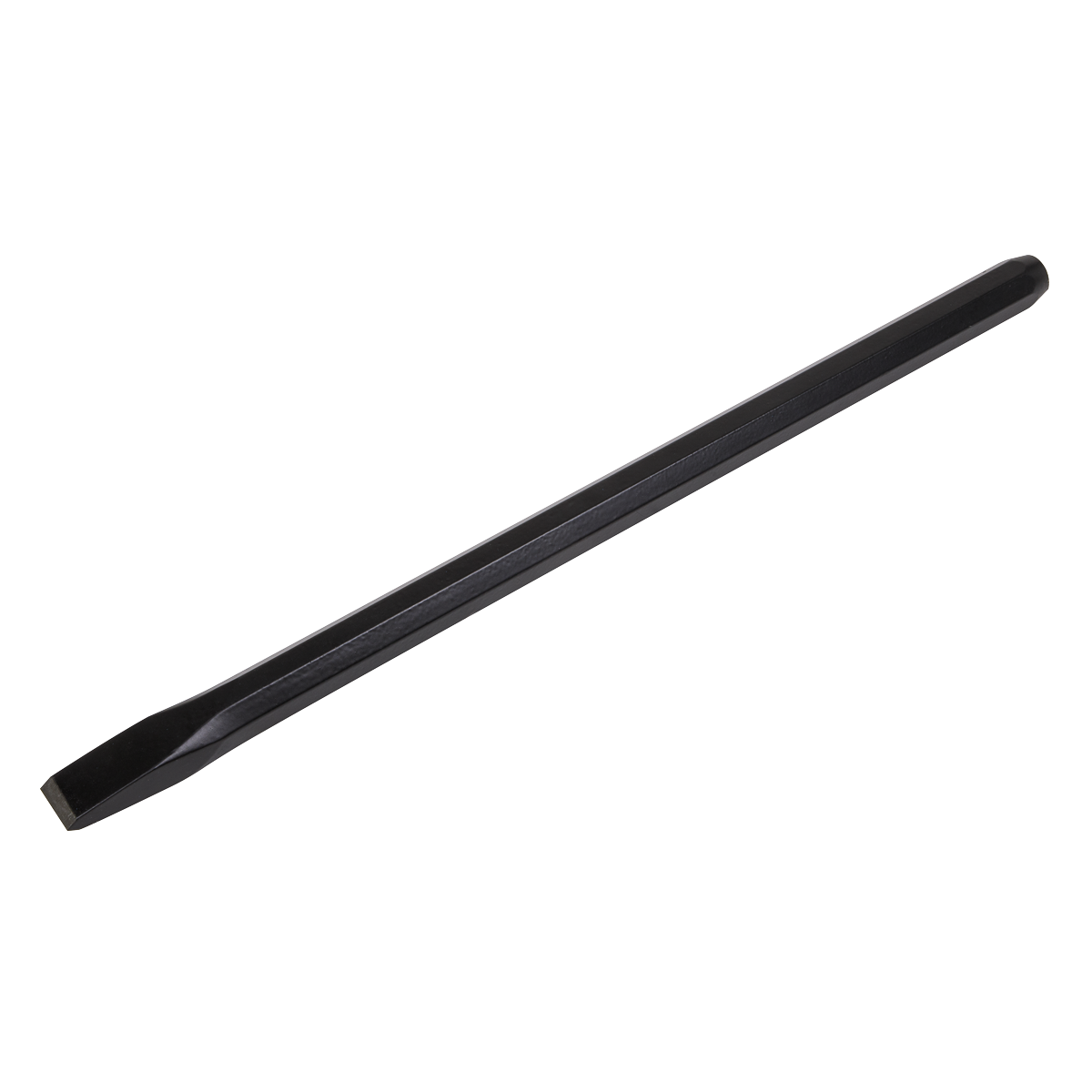 The Sealey Cold Chisel 25 x 450mm - CC37 is a high-quality tool with a flat-head and sharp, tapered tip, featuring a black powder-coated finish. It boasts a hexagonal handle for better grip and is crafted from drop-forged steel, ensuring exceptional durability and corrosion resistance.