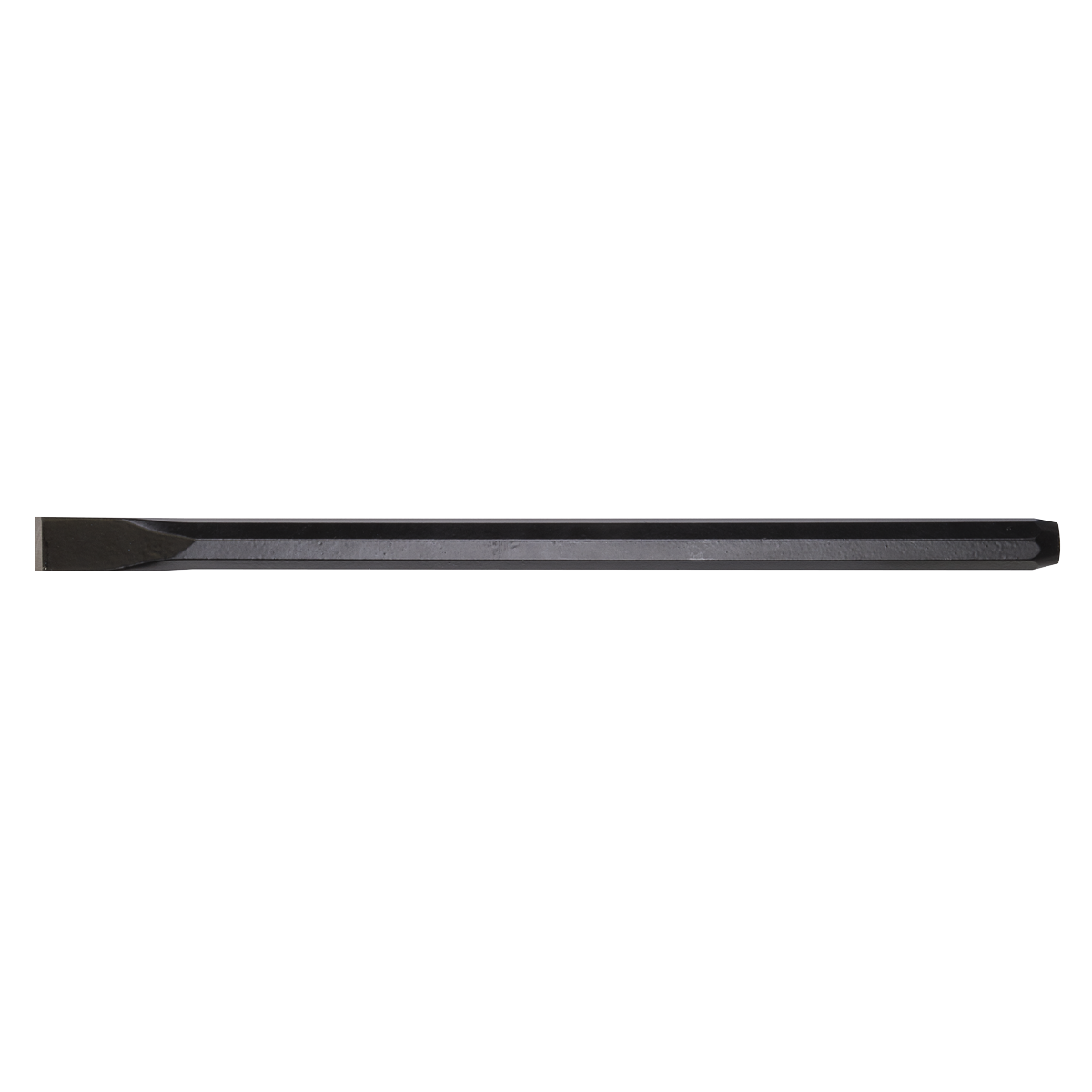 The Sealey Cold Chisel 25 x 450mm - CC37 features a straight metal design with a flat, tapered cutting edge and a rectangular body, constructed from high-quality drop-forged steel for exceptional durability. Its black powder-coated finish provides superior corrosion resistance.