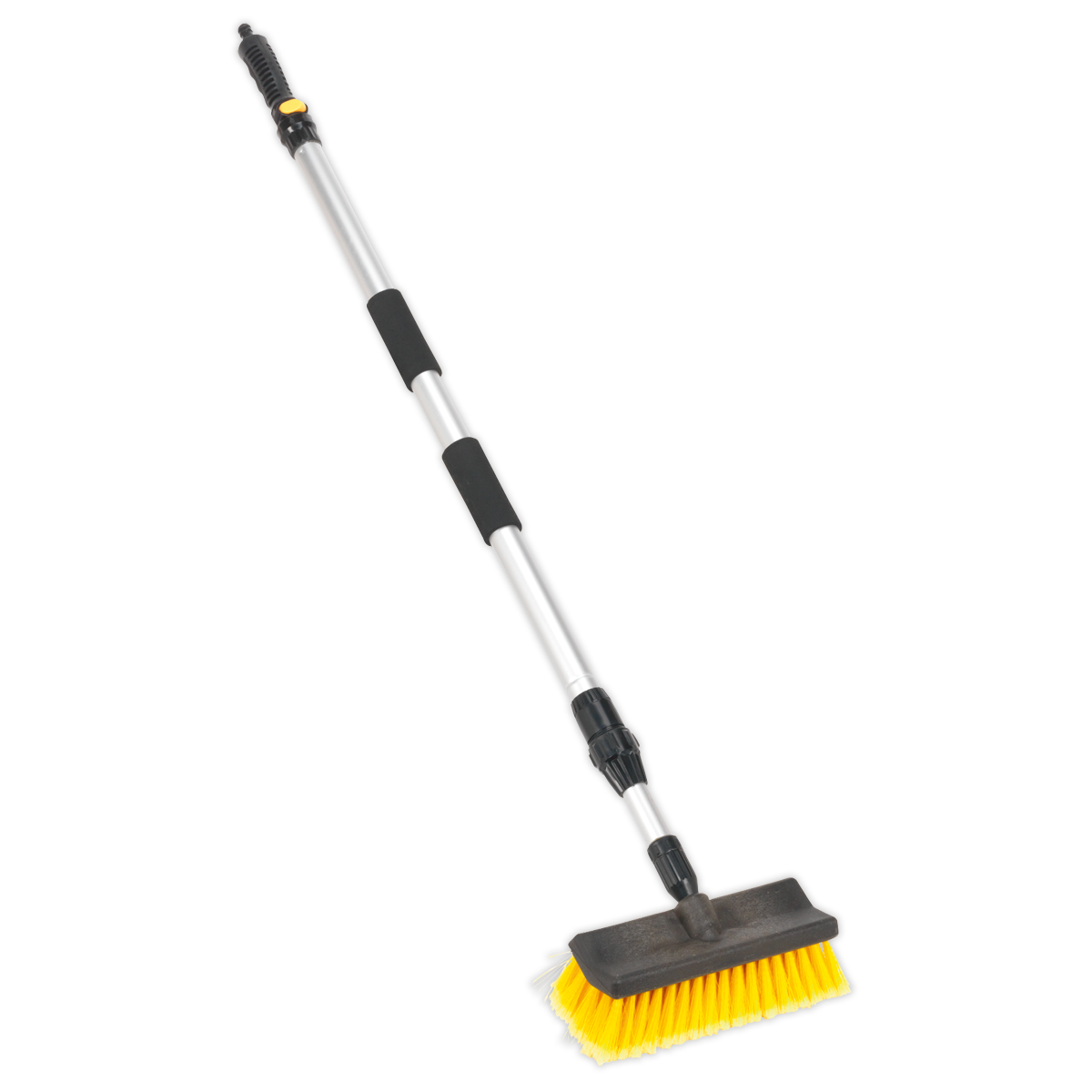 The Sealey Large Angled Flo-Thru Brush with 1.7m Telescopic Handle - CC50 features super-soft synthetic bristles with a yellow head and a tough, lightweight structural plastic handle.