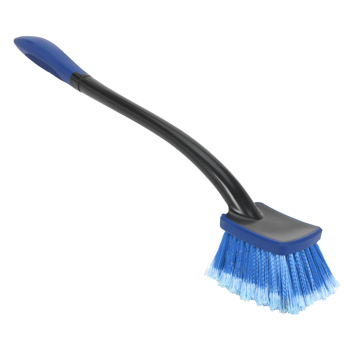 The Sealey Long Handle Dip & Wash Brush - CC52 features a black, extended handle and blue split-top bristles, making it perfect for household scrubbing tasks.