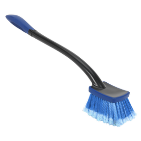 The Sealey Long Handle Dip & Wash Brush - CC52 features a black, extended handle and blue split-top bristles, making it perfect for household scrubbing tasks.