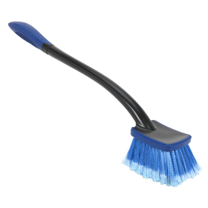 The Sealey Long Handle Dip & Wash Brush - CC52 features a black, extended handle and blue split-top bristles, making it perfect for household scrubbing tasks.