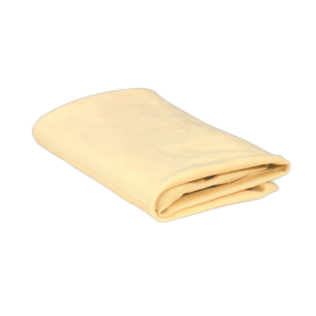 Introducing the Sealey Genuine Chamois 3.5ft² - CC73, a meticulously crafted beige towel that guarantees a lint and scratch-free experience.