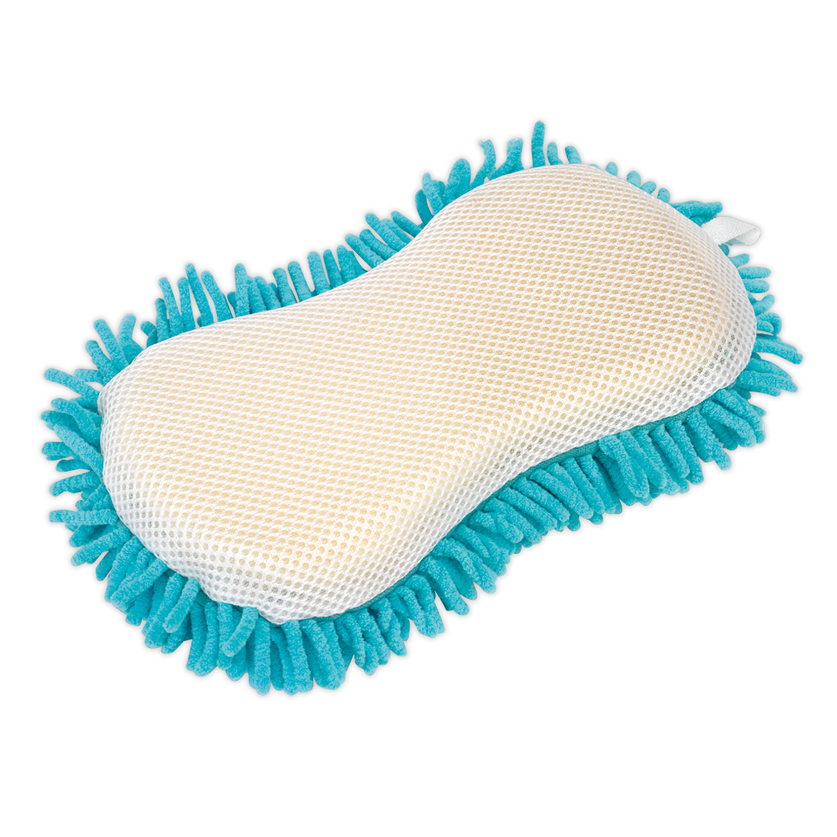 The Sealey Shaggy Microfibre Sponge 2-in-1 - CC76 features a double-sided design with a non-abrasive mesh cloth surface and blue shaggy microfibre strands set against a white background.