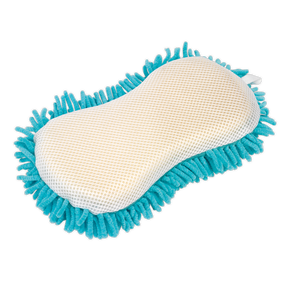 The Sealey Shaggy Microfibre Sponge 2-in-1 - CC76 features a double-sided design with a non-abrasive mesh cloth surface and blue shaggy microfibre strands set against a white background.