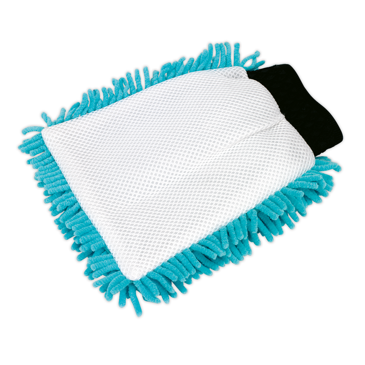 The Sealey Shaggy Microfibre Mitt 2-in-1 - CC77 features microfibre strands on one side and a white textured non-abrasive mesh surface on the other, along with a black elastic cuff.