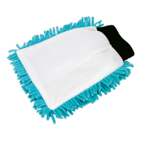 The Sealey Shaggy Microfibre Mitt 2-in-1 - CC77 features microfibre strands on one side and a white textured non-abrasive mesh surface on the other, along with a black elastic cuff.