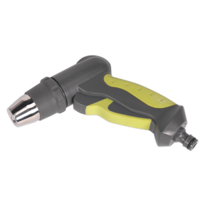 The Water Spray Gun - CC86 by Sealey is a handheld garden hose nozzle with a black and green handle, featuring adjustable pressure settings for precise watering.
