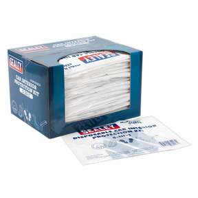 A display box of Sealey 5-in-1 Disposable Car Interior Protection Kits (CCSET550), including disposable seat covers and floor mats, with one kit partially pulled out. The box and kit prominently display the Sealey brand name and product information, ensuring comprehensive vehicle protection.