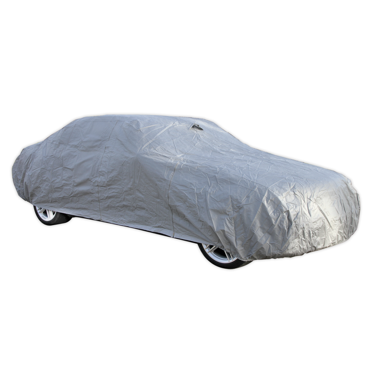 The Sealey Car Cover X-Large 4830 x 1780 x 1220mm - CCXL, crafted from anti-scratch material, is draped over a car, completely hiding its make and model while offering superior weather protection.