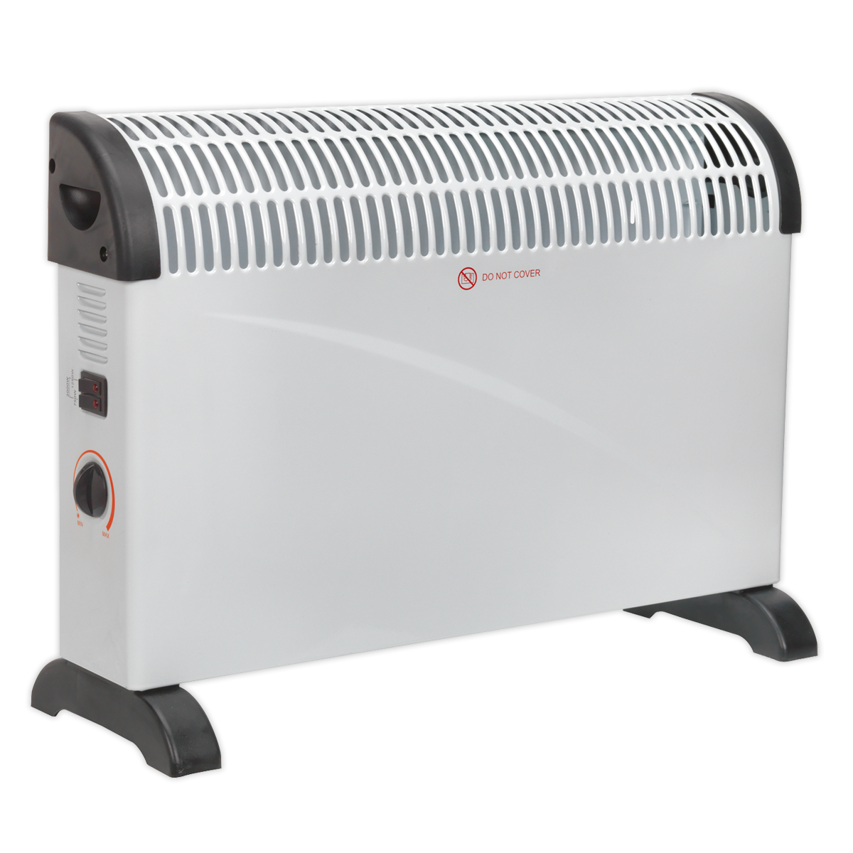 The Sealey Convector Heater 2000W/230V 3 Heat Settings Thermostat - CD2005 is a slimline white convection heater with black accents, control knobs, and a vented top panel. The text "DO NOT COVER" is prominently displayed in red on the upper front side. It also features adjustable heat settings for personalized comfort.