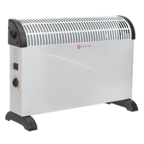 The Sealey Convector Heater 2000W/230V 3 Heat Settings Thermostat - CD2005 is a slimline white convection heater with black accents, control knobs, and a vented top panel. The text "DO NOT COVER" is prominently displayed in red on the upper front side. It also features adjustable heat settings for personalized comfort.
