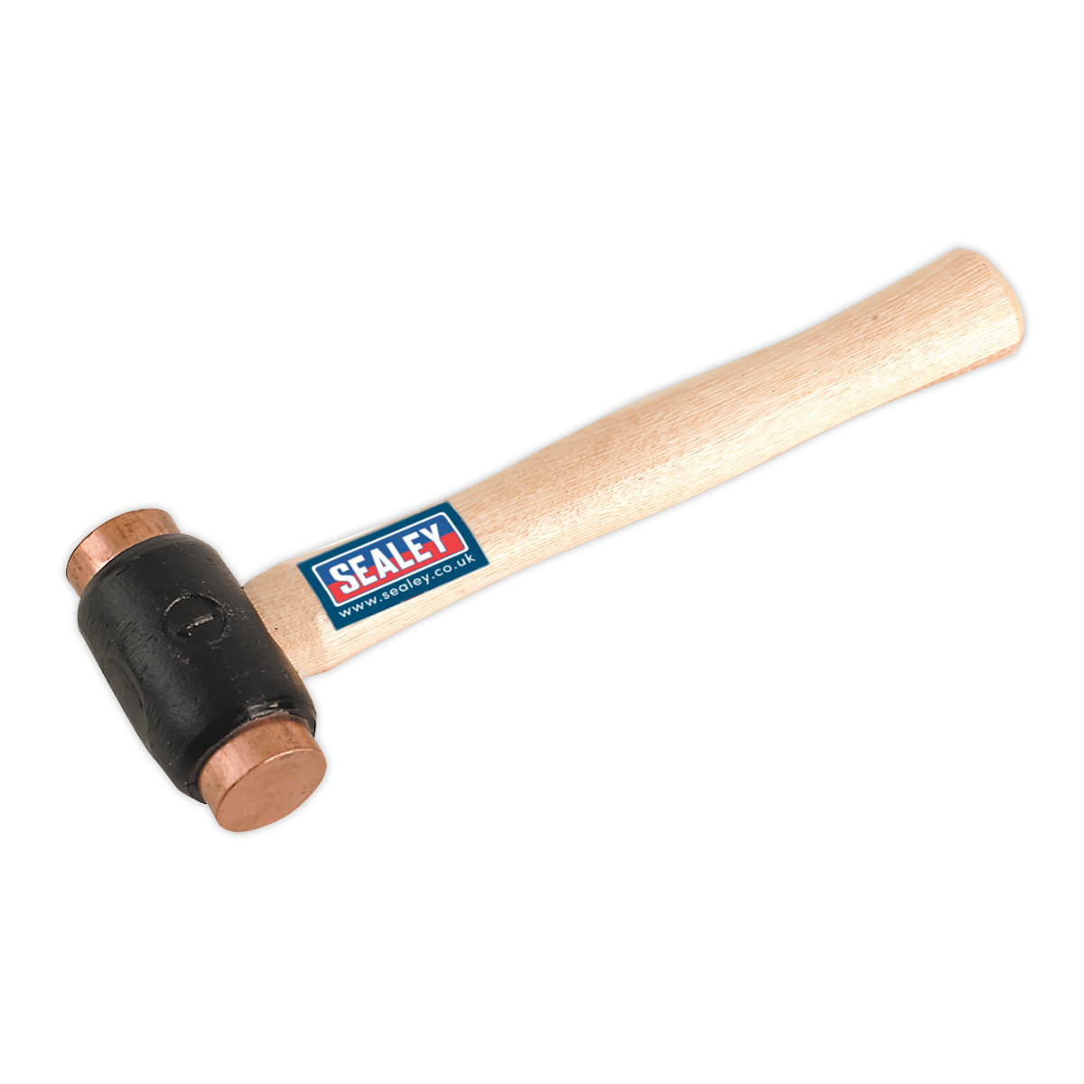 The Sealey Copper Faced Hammer CFH02, weighing 1.75lb, features a durable hickory shaft and is part of the Premier Hand Tools collection, ensuring professional-grade quality and reliability.