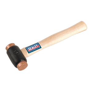 The Sealey Copper Faced Hammer CFH02, weighing 1.75lb, features a durable hickory shaft and is part of the Premier Hand Tools collection, ensuring professional-grade quality and reliability.