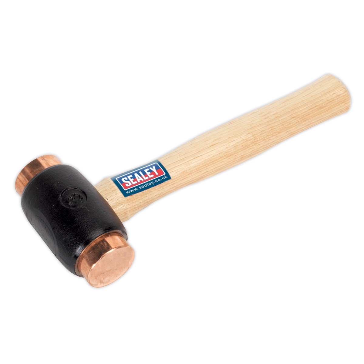 The Sealey Copper Faced Hammer 4.3lb Hickory Shaft - CFH04 is a professional-grade tool featuring a hickory handle with a blue and red Sealey logo sticker, and a black head equipped with pure electrolytic copper faces. Ideal for professional use, this hammer stands out as an excellent choice among Premier Hand Tools.