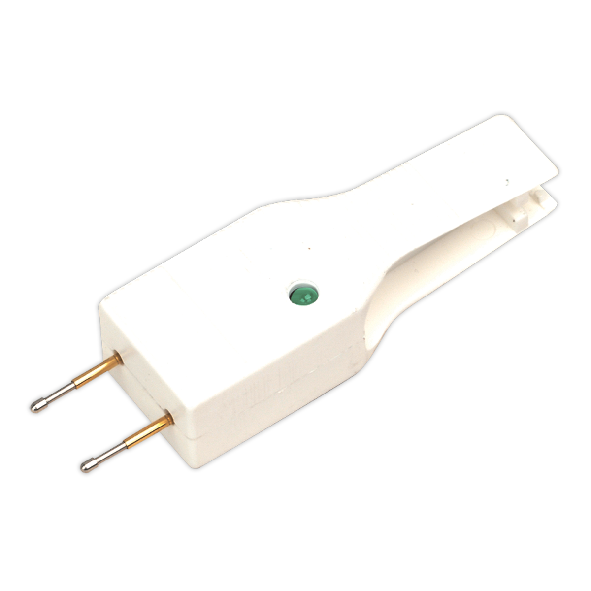 The Sealey Automotive Fuse Checker & Puller - CFT1 is a white, flat two-prong electrical plug adapter with a green button in the center, designed for verifying automotive fuses.