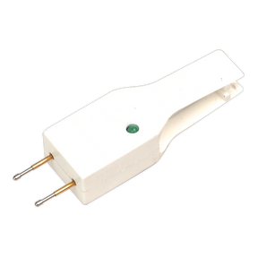 The Sealey Automotive Fuse Checker & Puller - CFT1 is a white, flat two-prong electrical plug adapter with a green button in the center, designed for verifying automotive fuses.