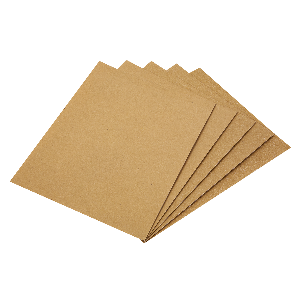 Five sheets from the Sealey Glasspaper 280 x 230mm - Assorted Pack of 5 (CGA) are fanned out in a stack against a white background, ideal for general-purpose sanding on wood.