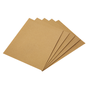 Five sheets from the Sealey Glasspaper 280 x 230mm - Assorted Pack of 5 (CGA) are fanned out in a stack against a white background, ideal for general-purpose sanding on wood.