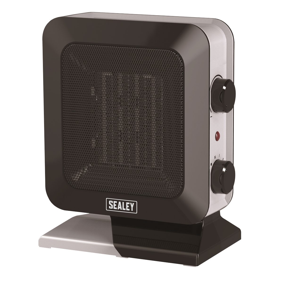 The black and silver Sealey Ceramic Fan Heater CH2013, with a stylish modern design, features PTC heat conducting ceramic elements, two control dials on the side, a power indicator light, and overheating protection for your safety.