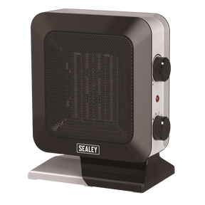 The black and silver Sealey Ceramic Fan Heater CH2013, with a stylish modern design, features PTC heat conducting ceramic elements, two control dials on the side, a power indicator light, and overheating protection for your safety.