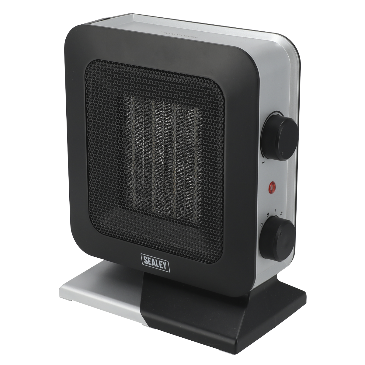 The Sealey Ceramic Fan Heater 1400W/230V, model CH2013, boasts a stylish modern design with a rectangular black and silver finish. It features a front mesh panel, two control knobs, and a red indicator light on the side. The brand name "Sealey" is prominently displayed on the front. This space heater includes PTC heat conducting ceramic elements for efficient warmth and offers overheating protection for added safety.