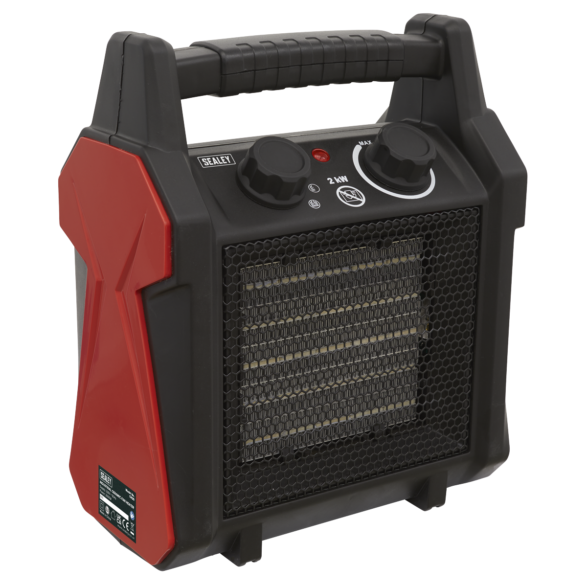 The Sealey Industrial Ceramic Fan Heater 2000W - CH20 is a portable device with a striking black and red exterior, equipped with PTC heat conducting ceramic elements, a convenient handle, dual control knobs, and a protective front mesh grill.