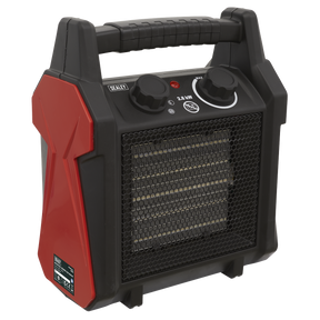 The Sealey Industrial Ceramic Fan Heater 2800W - CH28 is a black and red portable heater featuring a handle on top, two control dials, a front metal grille, and PTC heat-conducting ceramic elements for efficient heating.