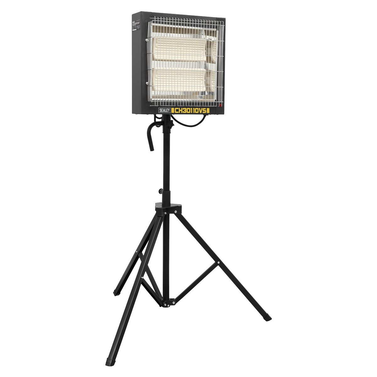 A Sealey Ceramic Heater with a tripod stand, featuring 1.2/2.4kW power at 110V, model CH30110VS, equipped with a protective front grill, adjustable thermostat control, and a convenient handle.