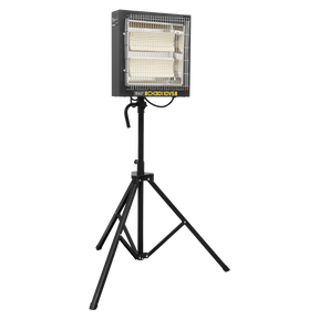 A Sealey Ceramic Heater with a tripod stand, featuring 1.2/2.4kW power at 110V, model CH30110VS, equipped with a protective front grill, adjustable thermostat control, and a convenient handle.