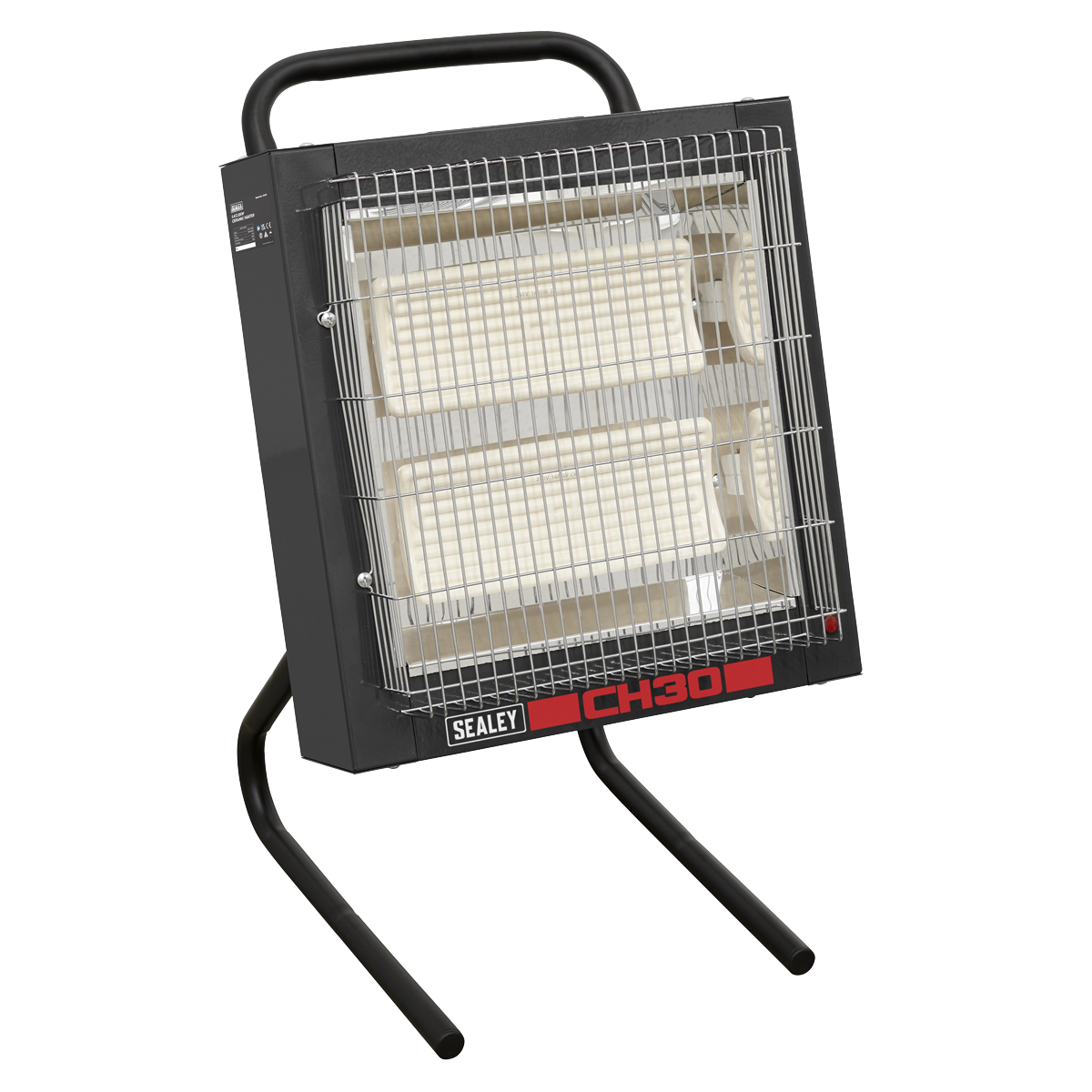 A Sealey Ceramic Heater 1.4/2.8kW 230V - CH30 featuring a black frame, protective metal grille, stand, and an adjustable thermostat for precise control.