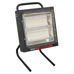 A Sealey Ceramic Heater 1.4/2.8kW 230V - CH30 featuring a black frame, protective metal grille, stand, and an adjustable thermostat for precise control.